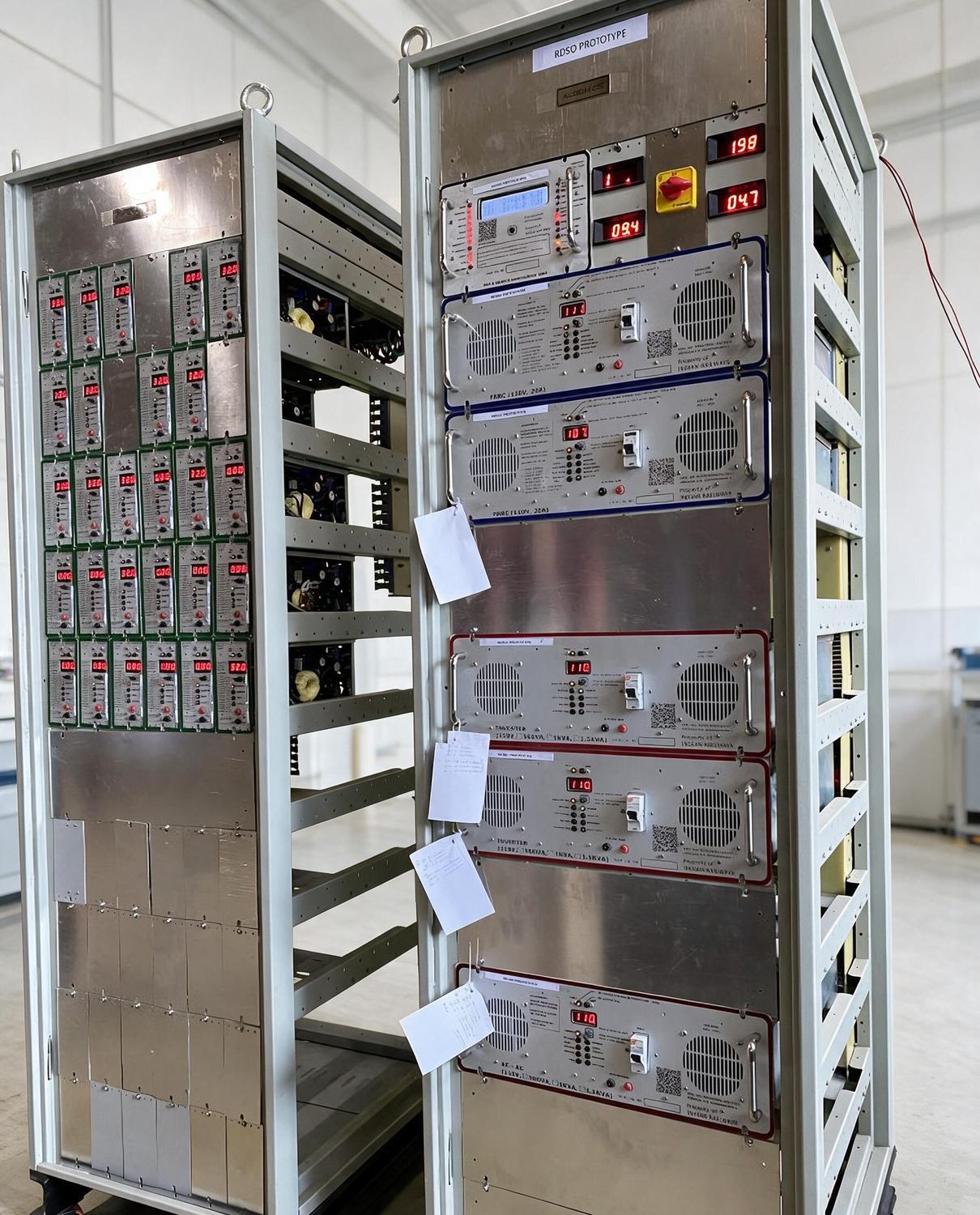 Two IPS prototype racks: a bank of DC-DC modules with red readouts and a rack of chargers and inverters