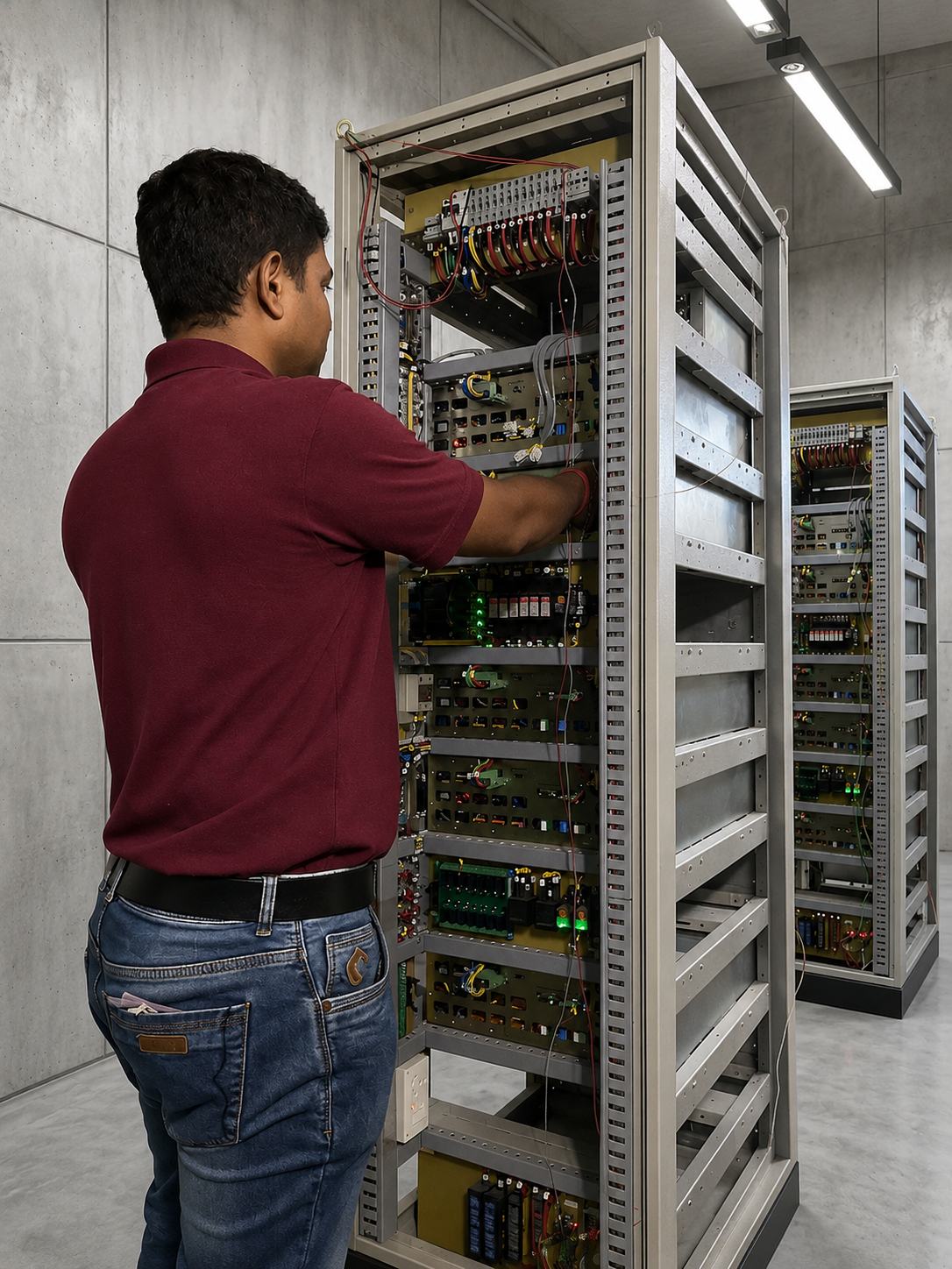 Engineer working on the terminal wiring inside an open IPS rack