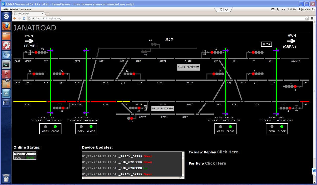 Browser screenshot of the Janai Road station HMI with tracks, signals and a device update log
